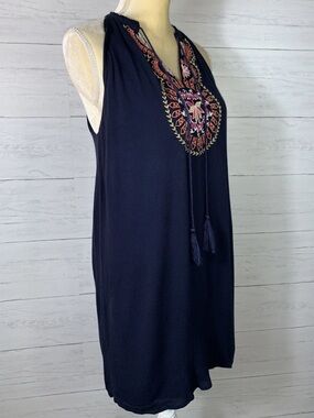 NWOT THML Roonie Navy Halter Mini Dress with Embroidered Medallion & tassel